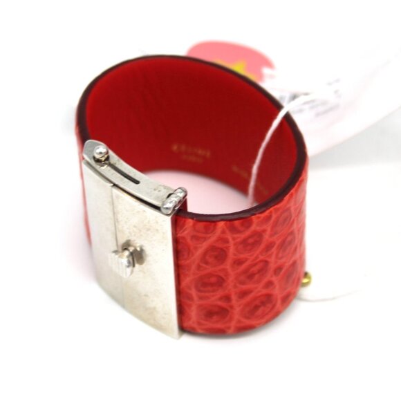 CELINE Manchette Silver Cuff Bracelet Red Python Embossed Leather S NEW Italy - Picture 4 of 7